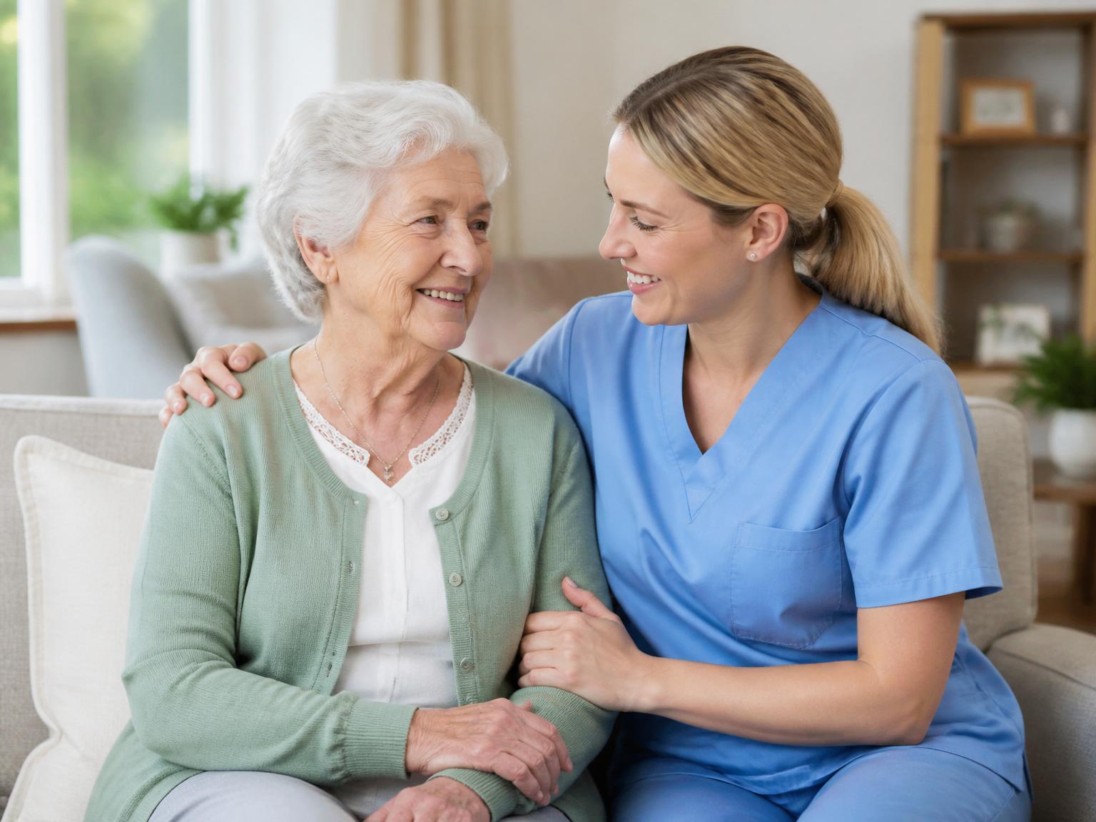A caregiver in blue gently supports a smiling elderly woman in a sage green cardigan in a bright living room